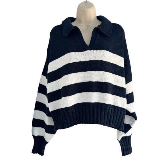 NWT Quince Womans XL 100% Organic Cropped Cotton Polo Sweater Navy White Striped - Picture 2 of 11